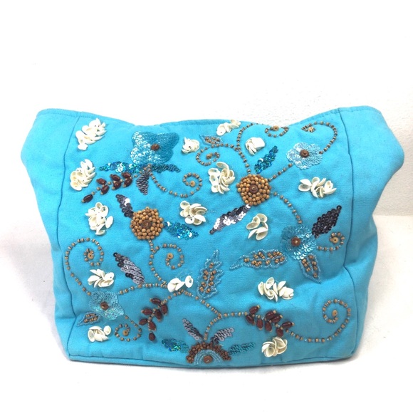 Spiegel 100% Cotton, Sea Shells, Beads and Sequins Embellished Turquoise Bag. - Picture 6 of 10